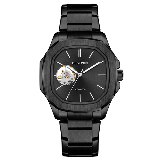 BESTWIN Automatic Skeleton Watch – Men's Luxury Black Stainless Steel Wristwatch