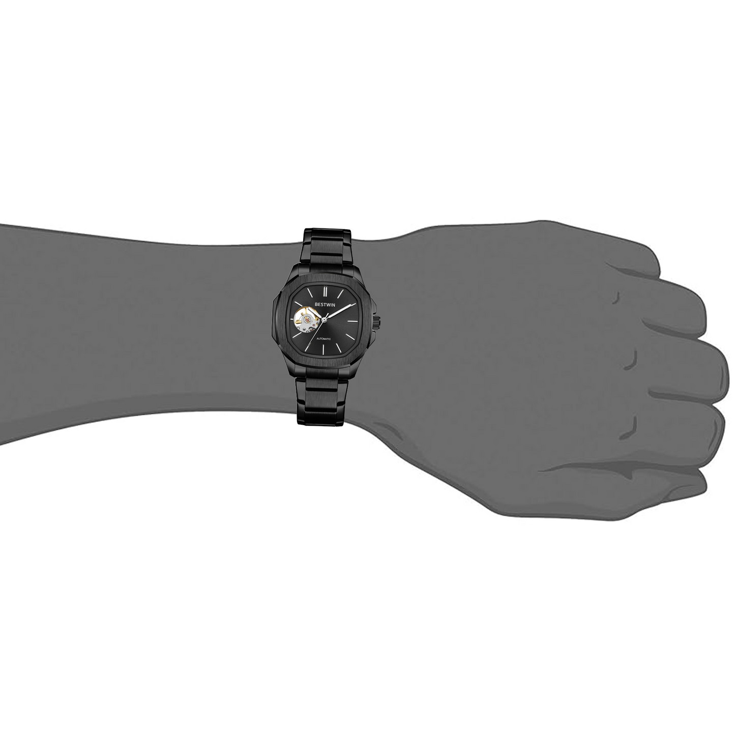 BESTWIN Automatic Skeleton Watch – Men's Luxury Black Stainless Steel Wristwatch