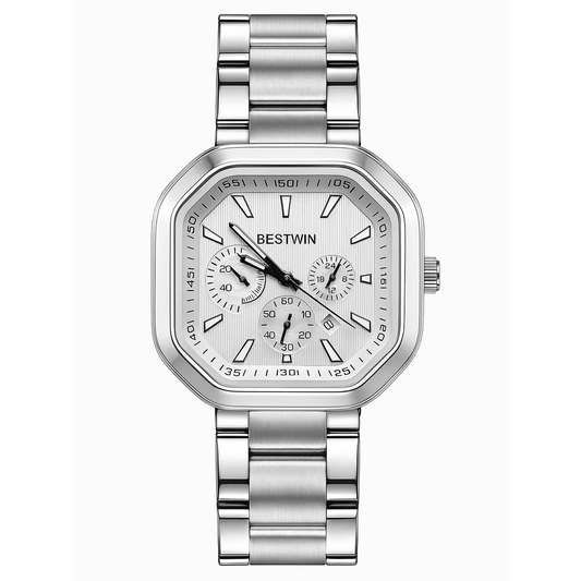 Bestwin Silver Chronograph Watch – Luxury Square Dial Stainless Steel for Men
