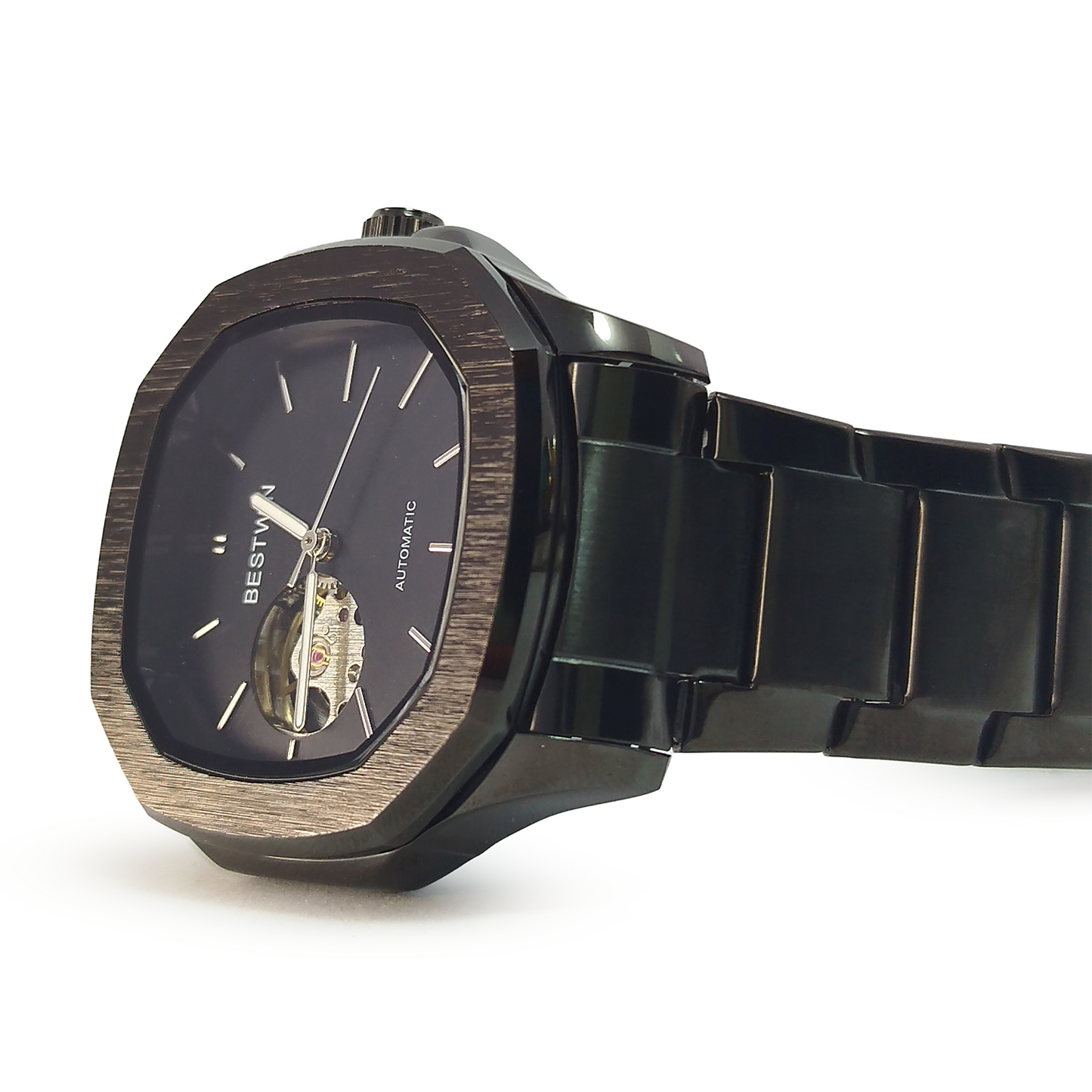 BESTWIN Automatic Skeleton Watch – Men's Luxury Black Stainless Steel Wristwatch
