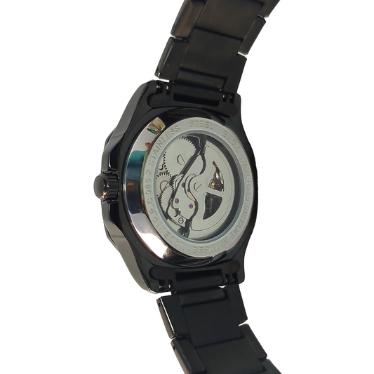 BESTWIN Automatic Skeleton Watch – Men's Luxury Black Stainless Steel Wristwatch