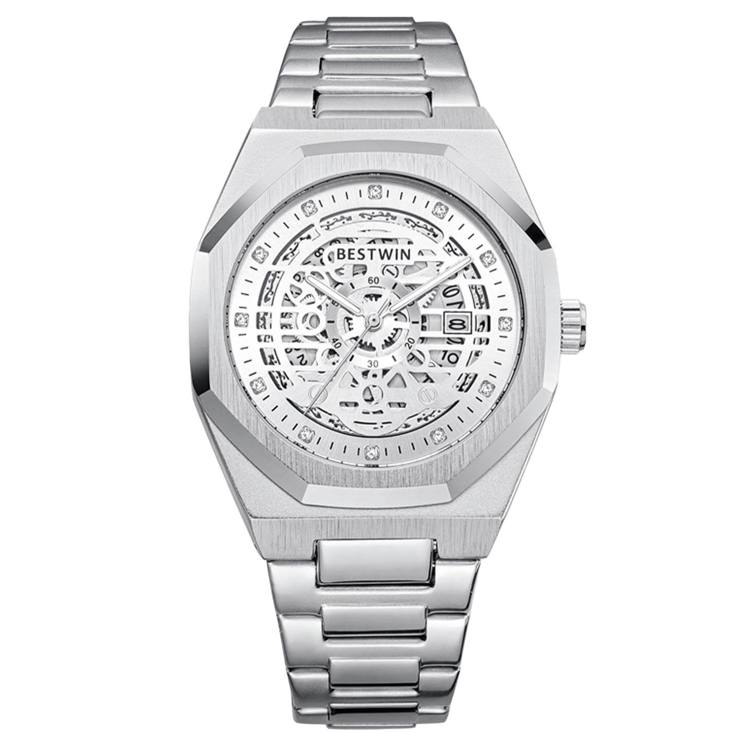 BESTWIN Silver Skeleton Dial Watch – Steel Classic Edition (Model: BW-SK01-SLV)