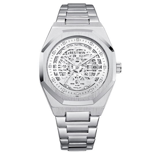 BESTWIN Silver Skeleton Dial Watch – Steel Classic Edition (Model: BW-SK01-SLV)
