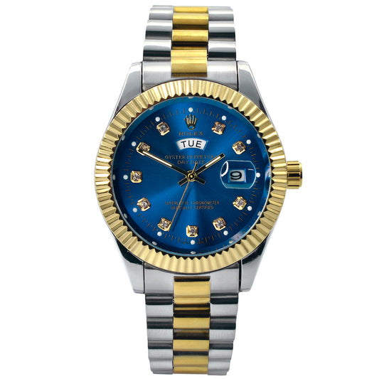 Rolex Style Two-Tone Blue Dial Watch – Day-Date Edition (Model: RX-DD02-BLU)