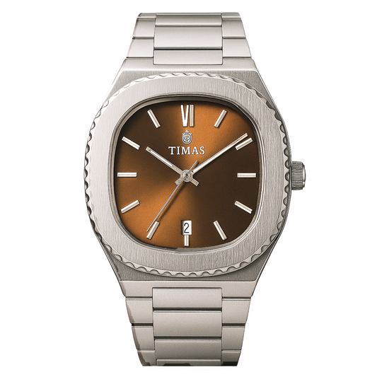 Timas Men's Luxury Watch – Brown Dial with Stainless Steel Strap | Date Display Quartz Watch