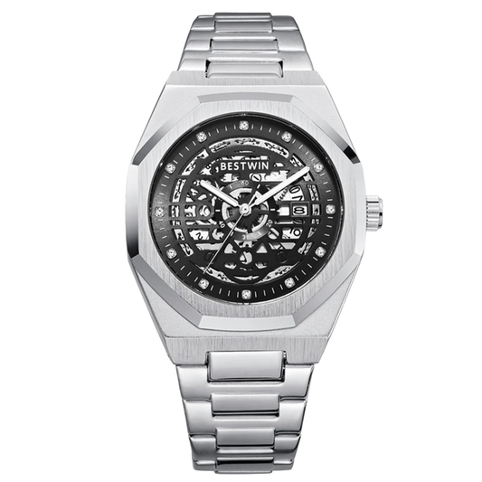 BESTWIN Black Skeleton Dial Watch – Steel Classic Edition (Model: BW-SK01-BLK)