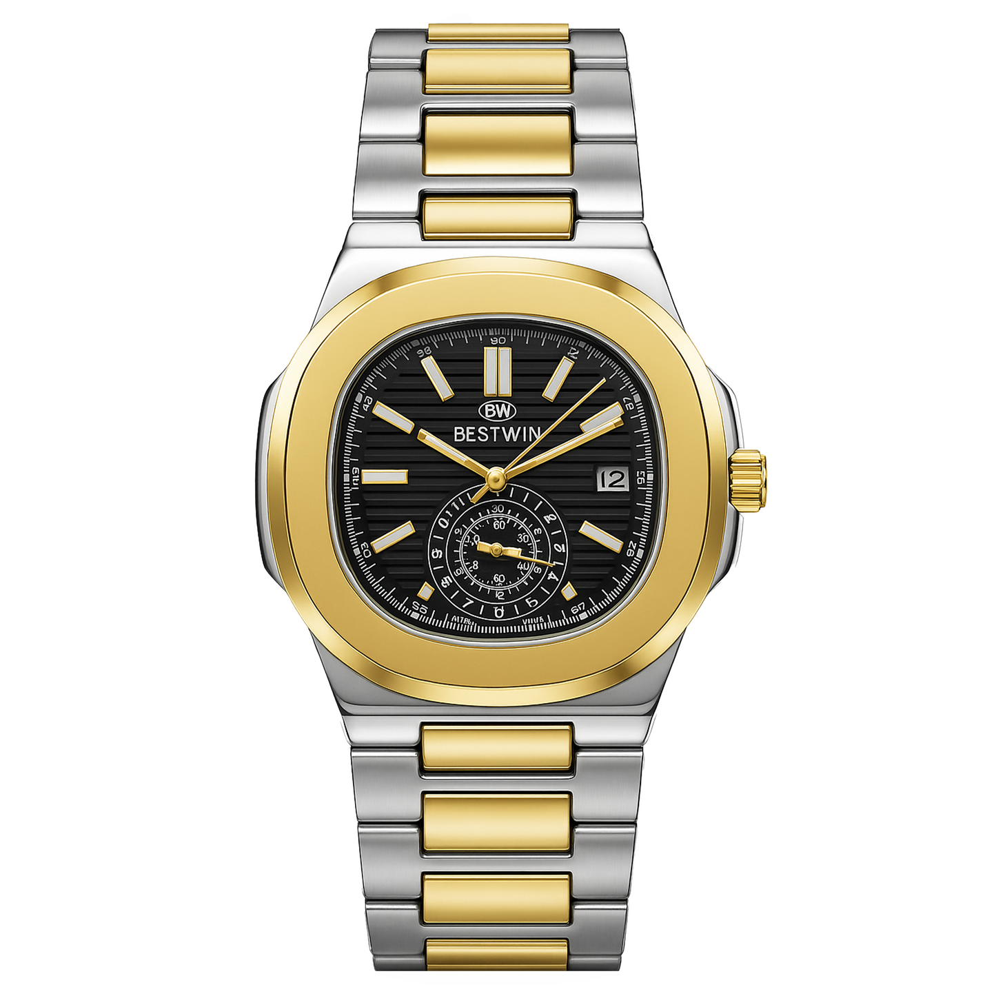 BESTWIN Two-Tone Stainless Steel Quartz Watch – Silver & Gold Modern Date Edition (Model: BW-Q01-SG)