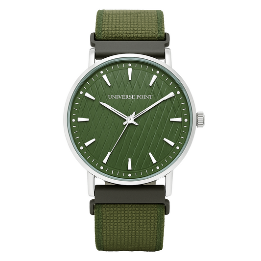 Universe Point Green Dial Men's Watch – Minimalist Analog Design with Military Fabric Strap
