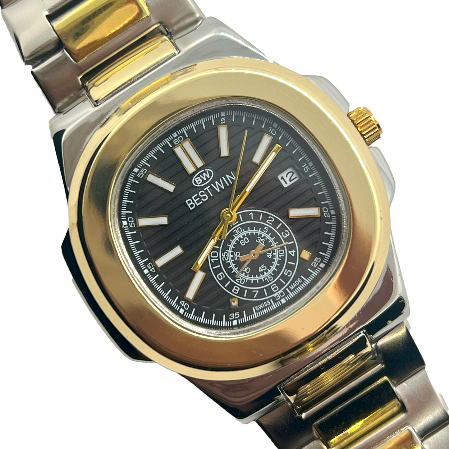 BESTWIN Two-Tone Stainless Steel Quartz Watch – Silver & Gold Modern Date Edition (Model: BW-Q01-SG)