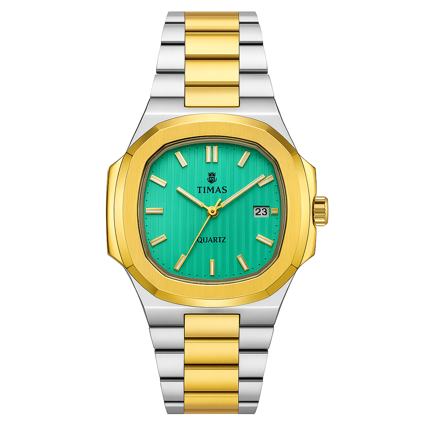 Timas Luxury Green Dial Watch – Two Tone Gold & Silver Steel Strap | Premium Men's Quartz Timepiece