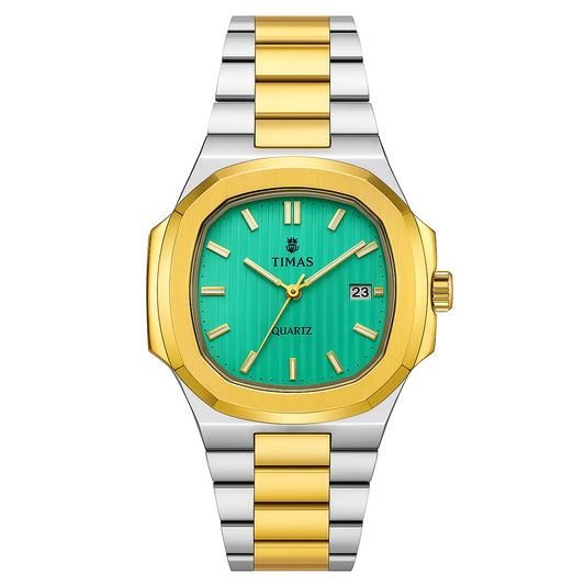 Timas Luxury Green Dial Watch – Two Tone Gold & Silver Steel Strap | Premium Men's Quartz Timepiece